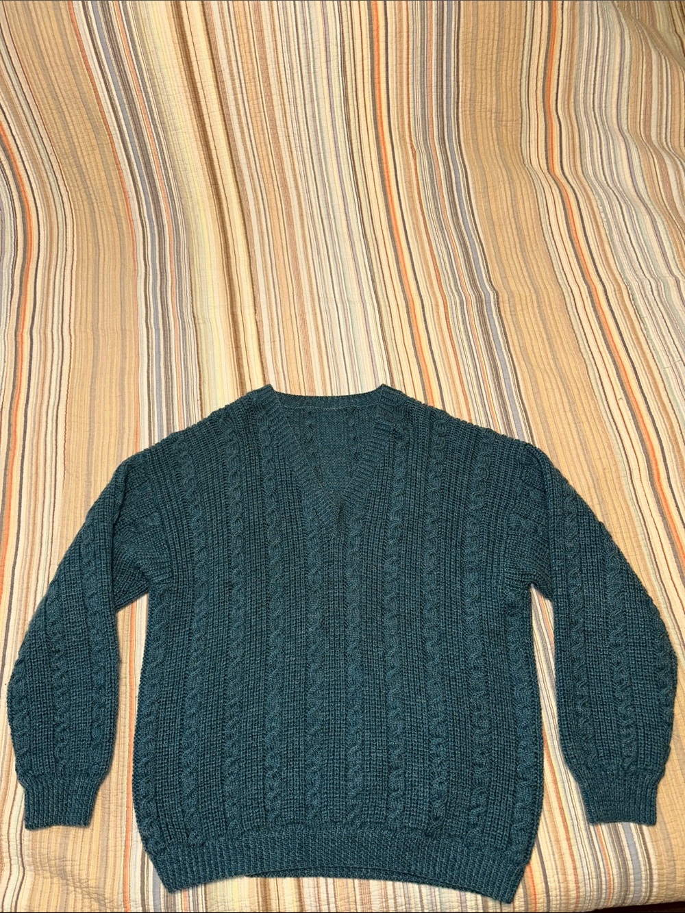 Hand knit Men's Dark blue/Teal Cable Knit V-Neck Sweater